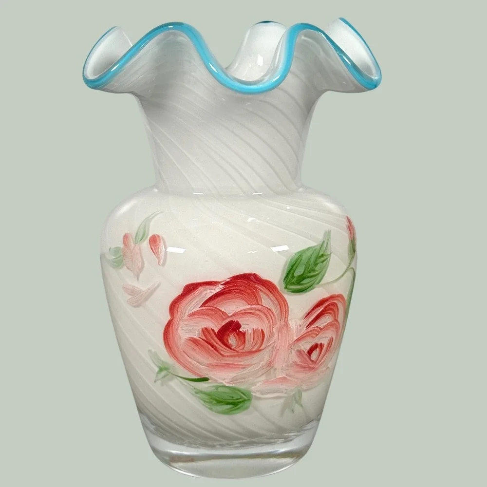 Fenton Cabbage Rose Opalescent Swirl Glass Vase Ruffled Blue Crest 6.5